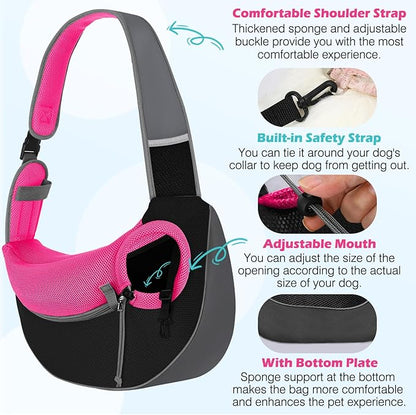 Pawaboo Dog Sling Carrier, Hand Free Breathable Mesh Bag for Puppy Cat, Drawstring Dog Papoose with Adjustable Strap and Pocket, Crossbody Satchel Dogs Purse for Outdoor Travel, S, Magenta