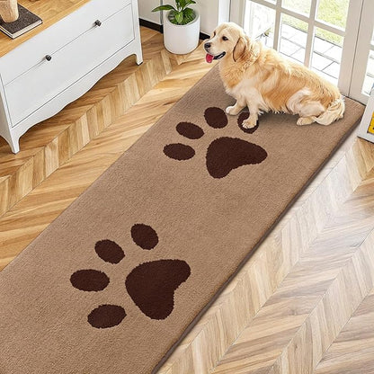 Smiry Dog Door Mat for Muddy Paws, Absorbs Moisture and Dirt, Low-Profile Entryway Mat with Non-Slip Backing, Entry Indoor Outdoor Doormat for Inside Floor (70x24 Inches, Beige, Paw)