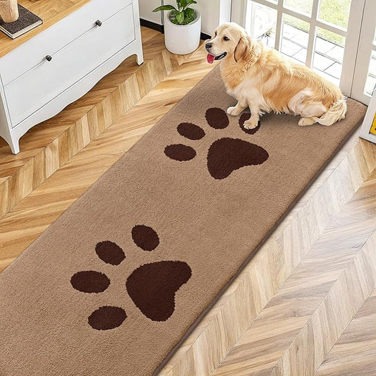 Smiry Dog Door Mat for Muddy Paws, Absorbs Moisture and Dirt, Low-Profile Entryway Mat with Non-Slip Backing, Entry Indoor Outdoor Doormat for Inside Floor (70x24 Inches, Beige, Paw)