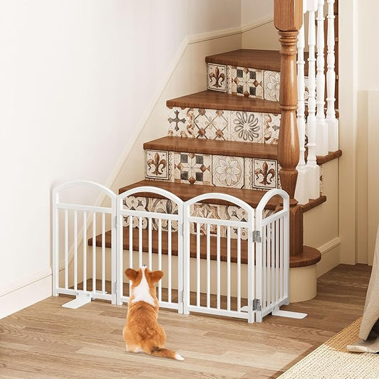 Snughome Short Dog Gate Indoor, 19.69" H Freestanding Small Dog Door Gates with Support Feet, Expands Up to 48" Wide Foldable Pet Gates for Doorway, 4 Panel Folding Pet Door Pet Fence for Puppy, White