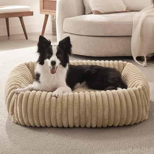 FURTIME Dog Bed Medium Size Dog, Washable Orthopedic Pet Bed with Removable Cover, Rectangle Soft Calming Sleeping Puppy Bed Durable Pet Cuddler with Anti-Slip Bottom, Beige, M Plus (30"x24"x8")