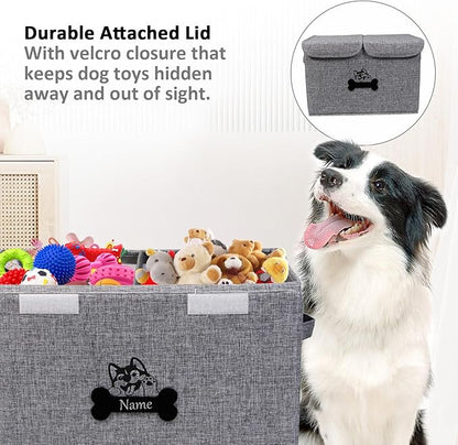 Large Dog Toy Bin-Pet Toys Storage Box-Fabric Storage Bin with Lid-Collapsible Dog Toy Organizer,Dog Toy Basket -Chew Proof Dog Bin-Can be Personalized-Gray
