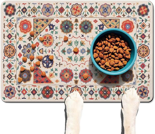 Moroccan Trellis Dog Food & Water Mat, Boho Colorful Vintage Pet Feeding Mat for Floor Non-Slip Waterproof, Super Absorbent Cat Bowl Mat, Easy to Clean Durable Pet Placemat,16" × 24"