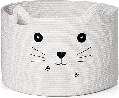 Zopeal Cat Basket Storage Woven Organizer with Ears Easter Decorative Pet Toy Cute Cotton Rope Basket for Gift Cat Dog Toy Bin Nursery Room(21.7 x 13.8 Inch,White)