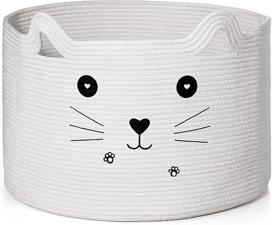 Zopeal Cat Basket Storage Woven Organizer with Ears Easter Decorative Pet Toy Cute Cotton Rope Basket for Gift Cat Dog Toy Bin Nursery Room(21.7 x 13.8 Inch,White)