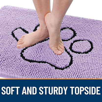 OLANLY Dog Door Mat for Muddy Paws 48x30, Paw Print Design, Absorbs Moisture and Dirt, Absorbent Non-Slip Washable Doormat, Quick Dry Chenille Mud Mat for Dogs, Entry Indoor Entryway Carpet, Lavender
