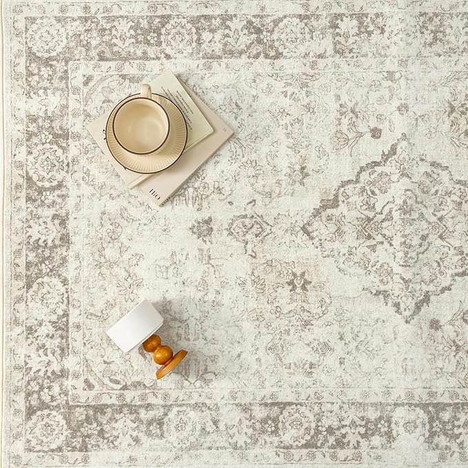 2x6 Runner Rug Beige Washable Hallway Kitchen Carpet Vintage Distressed Small Non Slip Low Pile Thin Bedroom Medallion Accent Throw Rug Laundry Living Room