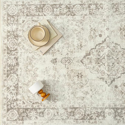 2x6 Runner Rug Beige Washable Hallway Kitchen Carpet Vintage Distressed Small Non Slip Low Pile Thin Bedroom Medallion Accent Throw Rug Laundry Living Room