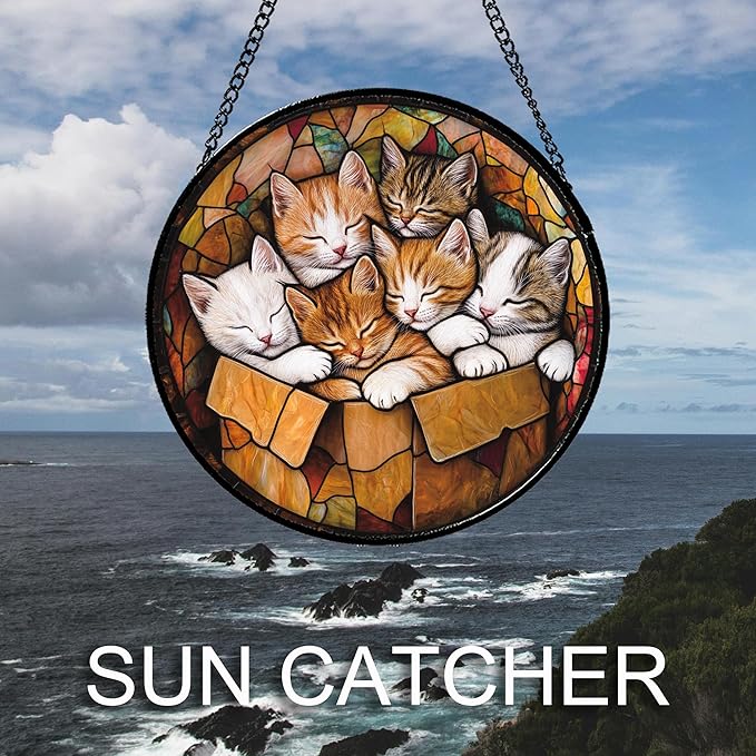 Stained Glass Window Hanging 6 Cute Kittens 9.8" - Cat Gift Suncatcher Door Sun Catcher Decor Birthday Christmas for Lost Pets Mom Men Woman Friend