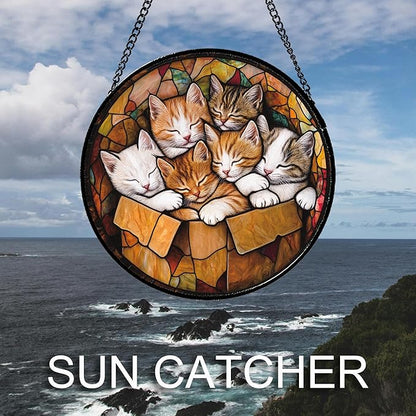 Stained Glass Window Hanging 6 Cute Kittens 9.8" - Cat Gift Suncatcher Door Sun Catcher Decor Birthday Christmas for Lost Pets Mom Men Woman Friend
