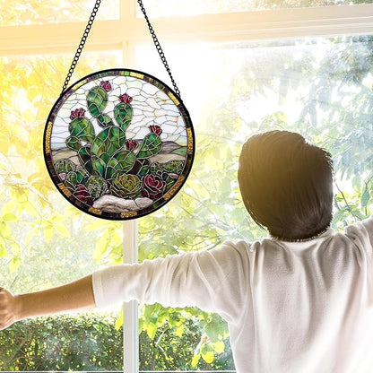 Stained Glass Window Hanging,Green Cactus Purple Flowers Suncatcher Diamond Glass Panel Sun Catchers Decor for Birthday for Women, Men, Wife, Aunt, and Mom 6.3 in