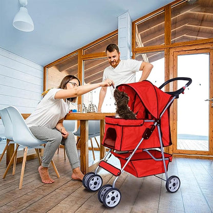 4 Wheels Dog Stroller, Foldable Pet Stroller for Small Medium Dogs, Portable Breathable Cat Stroller Dog Strollers with Storage Basket, Cup Holders, Removable Liner for Travel & Outdoor Use, Red