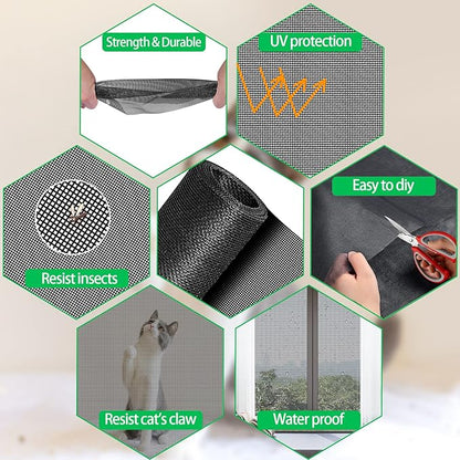 QWR Pet Proof Window Screens and Screen Door Replacement Kit, 59"x106" Durable High Hardness Vinyl Coated Polyester-Screen Repair Kit for Sliding Door,Patio and Windows.(Folded Package with Tool Kit)