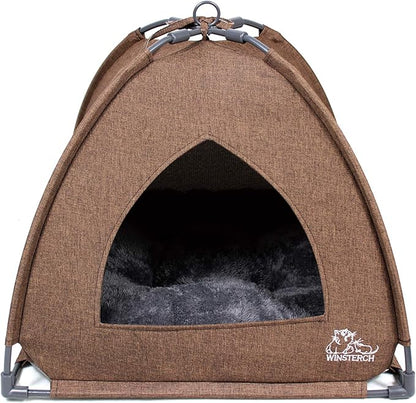 Winsterch Cat Bed Cave for Indoor Cats, Small Pet Tent Cave for Cats, Kittens, and Small Dogs, Warming Cat House with Removable Washable Cushion (18.5'‘ x 18.5’' x 15.8'', Brown)