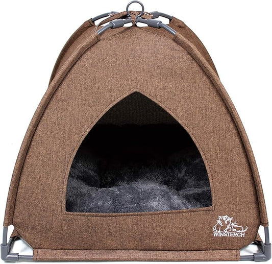 Winsterch Cat Bed Cave for Indoor Cats, Small Pet Tent Cave for Cats, Kittens, and Small Dogs, Warming Cat House with Removable Washable Cushion (18.5'‘ x 18.5’' x 15.8'', Brown)