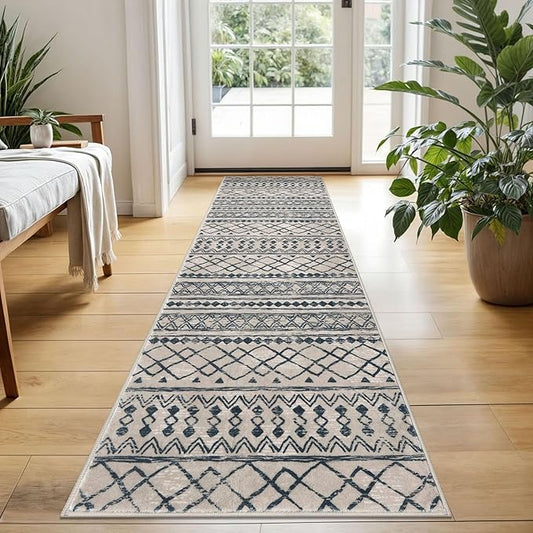 KUTA Boho Kitchen Rug 2x5 Light Brown Black Moroccan Washable Runner Rug Non-Slip Vintage Hallway Runners Ultra Soft Distressed Geometric Floor Carpet for Bedroom Laundry Living Room