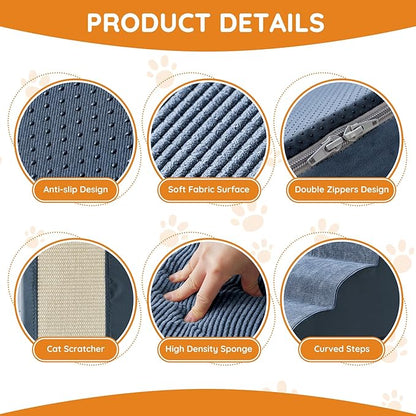 Pet Stairs for Small Dogs - 3-Step Curved Dog Ramp for Bed, Couch, Sofa, Car and Chairs - Non-Slip Bottom Design - High Density Foam Portable Pet Step - Navy