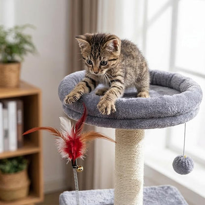 Cat Tree Tower for Indoor Cats, Cat Tree with 3 Spacious Cat Houses & Condos, Full Sisal Scratching Posts and Cat Scratcher Toys, Grey