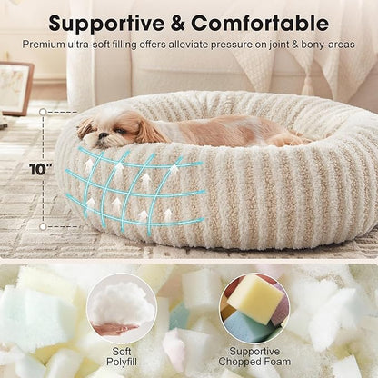 MIXJOY Dog Bed Medium Size Dogs, Washable Medium Dogs Bed with Removable Cover, Cozy Donut Dog Ded Fluffy Plush Faux Fur Pet Bed with Anti-Slip Bottom, 30"x30"x8", White