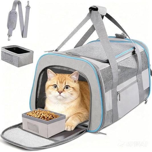 Soft-Sided Cat Carrier for Pets Up to 15lbs, Airline Approved Under-Seat Travel Carrier, 17x12x11 Inch, TSA Approved with Collapsible Bowl, Breathable Mesh & Removable Pad, Lightgrey