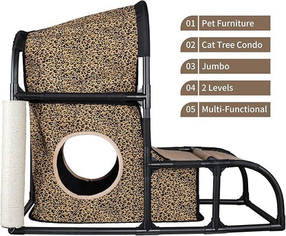 Goetland PVC Modern Cat Condo House Tree Medium Tower Bed Scratching Post Climber With Peek Hole and Dangling Ball for Kitty Indoors Leopard