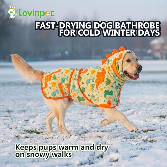 LovinPet 3‑in‑1 Dog Warm Winter Coat & Bathrobe, Hooded Dinosaur Fleece, Lightweight High‑Loft, Absorbent Knit, Quiet Hook‑and‑Loop, Wind‑Blocking Edges, Dog Robes for Medium & Large Dogs, Orange,L