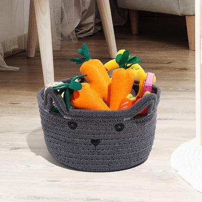 Zopeal Cat Basket Storage Woven Organizer with Ears Easter Decorative Pet Toy Cute Cotton Rope Basket for Gift Cat Dog Toy Bin Nursery Room(8.3 x 4.7 Inch,Gray)