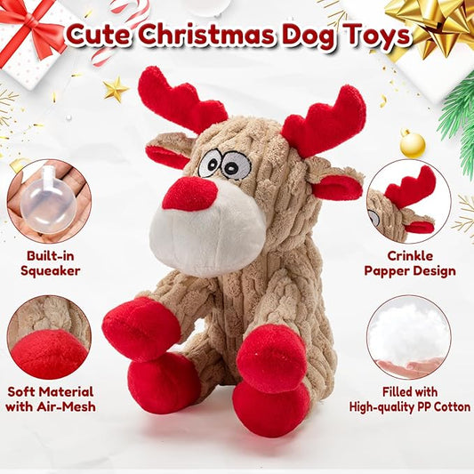 Dog Christmas Toys, Plush Chew Toys for Dogs, Funny Reindeer Squeaky Dog Toy with Crinkle Paper, Gifts for Dogs, Plsuh Dog Toy for Small, Middle, Large Breed, Interactive Pet Toys