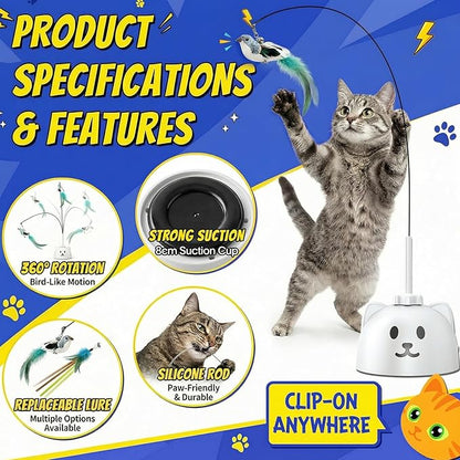 CATPICK Interactive Cat Toys for Indoor Cats - Automatic Flying Bird Feather Toy, USB Rechargeable Electric Cat Teaser with Strong Sticky Base, Smart Motion Self-Play Toy for Bored Cats(Yellow)