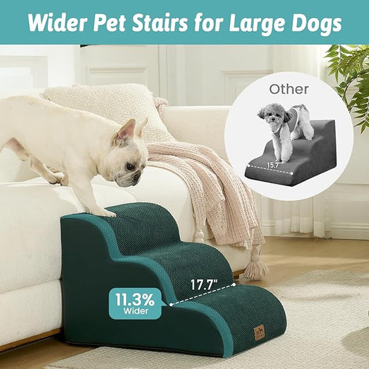 Wide Dog Stairs for Small Dog 15.7" H, Pet Step for Puppy, Older Cat, Curved Ramp for Couch, Durable Anti-Slip Ladder with High Density Foam, 3 Step, 17.7x22.4x15.7 inch, Dark Green