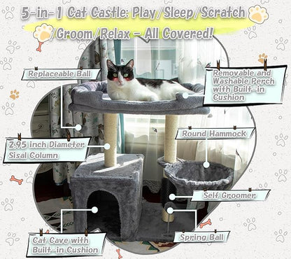 28.3" Small Cat Tree Tower,Cat Scratching Post for Indoor Cats,Featuring with Cat Cave & Cozy Perch,Cat Self Groomer and Interactive Dangling Ball Great for Kittens/Cats (Light Gray, Large)