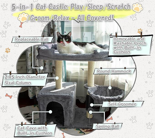 28.3" Small Cat Tree Tower,Cat Scratching Post for Indoor Cats,Featuring with Cat Cave & Cozy Perch,Cat Self Groomer and Interactive Dangling Ball Great for Kittens/Cats (Light Gray, Large)