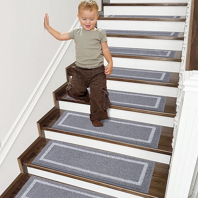COSY HOMEER Soft Stair Treads Non-Slip Carpet Mat 28inX9in Indoor Stair Runners for Wooden Steps, Stair Rugs for Kids and Dogs, 100% Polyester TPE Backing 7pcs,Grey,Square