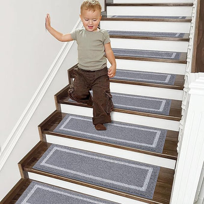 COSY HOMEER Soft Stair Treads Non-Slip Carpet Mat 28inX9in Indoor Stair Runners for Wooden Steps, Stair Rugs for Kids and Dogs, 100% Polyester TPE Backing 10pcs,Grey,Square