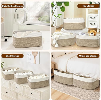 3 Pack Large Storage Basket for Organizing, 17.5"x13"x7" Woven Basket for Shelves, Closet Cube Storage Bins with Wrapped Handle, Cotton Rope Baskets for Kitchen, Clothes, Toys(Off White & Brown)