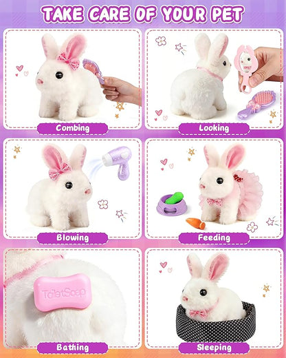 23Pcs Hopping Bunny Toy Set for Kids, Easter Interactive Electric Walking Rabbit with Rolling Carrier House, Pretend Play Pet Care Grooming & Feeding Kit, Stuffed Animal Gift for Toddlers 3-5