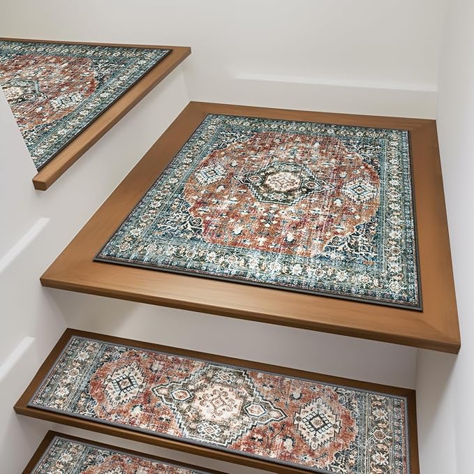 OJIA Non-Slip Stair Treads Matching Mat for Wooden Steps, Square Rubber Backing Anti-Slip Stair Carpet Landing Mat Stair Rugs 31x31 inch Carpet for Stairs, Red