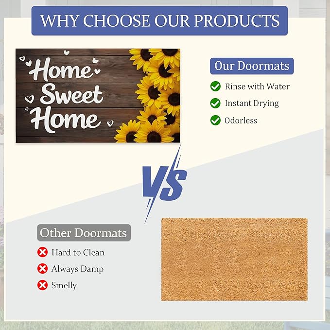 Indoor Rugs for Entryway,Rustic Sunflower Welcome Mat for Home,Farmhouse Woodboard Low Profile Entrance Rugs Non-Slip Doormats for Back Door Patio, Porch,Home Stairway,30 x 17 Inch