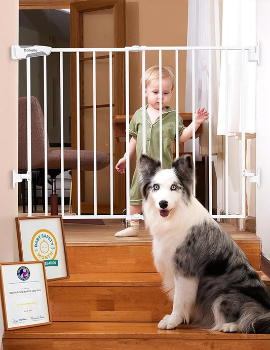 Babelio Baby Gate for Stairs, Kitchen & Doorways, No Bottom Bar| Easy Installation| One-Handed Operation| Auto-Close| Hardware Mount (Drill Needed) Safety Dog Gate (White - B17, 24-39" W, 28" H)