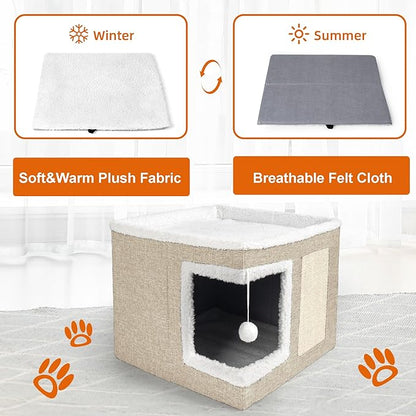 Loyareal Cat Houses for Indoor Cats - Large Cat Bed Cave with Scratch Pad and Fluffy Ball, Foldable Cat Condo Hideaway with Reversible Cushion for Multi Small Pet, Khaki
