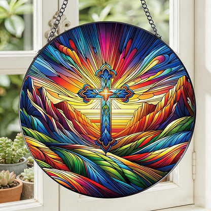 Stained Glass Window Hanging, 7.8″ Cross Sun Catchers with Hook Indoor Window Decor, Decorative Suncatchers Hanging Ornaments Home Garden Art Gift for Housewarming