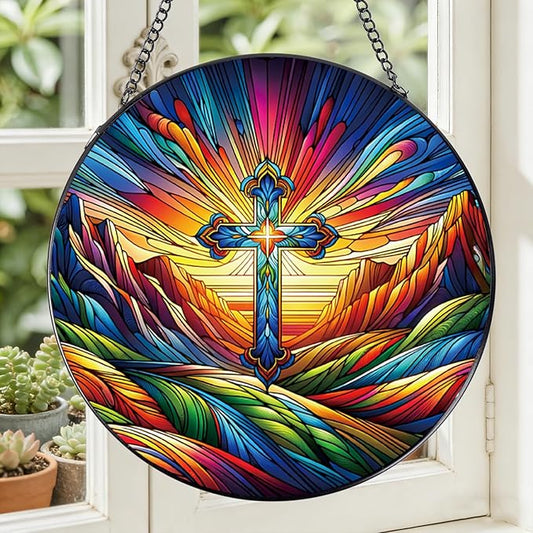 Stained Glass Window Hanging, 7.8″ Cross Sun Catchers with Hook Indoor Window Decor, Decorative Suncatchers Hanging Ornaments Home Garden Art Gift for Housewarming