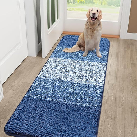 Smiry Dog Door Mat for Muddy Paws, Absorbs Moisture and Dirt, Low-Profile Entryway Mat with Non-Slip Backing, Entry Indoor Outdoor Doormat for Inside Floor (70x24 Inches, Navy Blue, Striped)