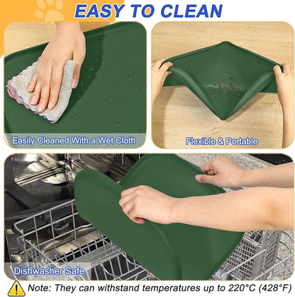 Silicone Pet Feeding Mat with Raised Edge for Food and Water, Dog Bowl Mats, Cat Bowls Placemat with High Lip for Floor Waterproof, Rubber Tray for Cats and Dogs 22 x 14 x0.8 Dark Olive