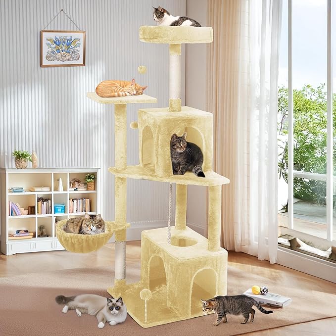 Cat Tree, 54-Inch Cat Tower for Indoor Cats, Soft Plush Multi-Level Climbing Cat Condo with Scratching Posts, Basket, Perches,2 Caves,2 Pompoms Play House for Cat(Beige)