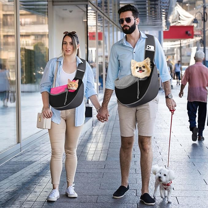 Pawaboo Dog Sling Carrier, Hand Free Breathable Mesh Bag for Puppy Cat, Drawstring Dog Papoose with Adjustable Strap and Pocket, Crossbody Satchel Dogs Purse for Outdoor Travel, S, Magenta