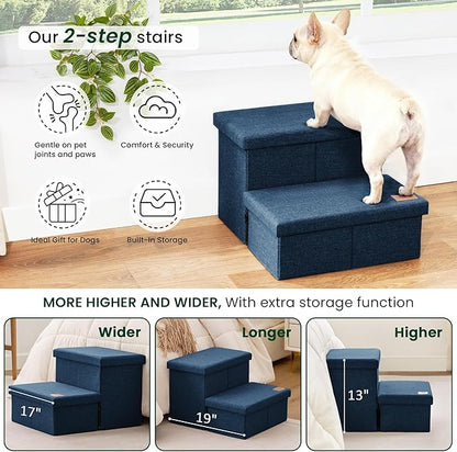 Love's cabin Dog Stairs with Storage 13" H, Foldable Pet Stairs for Small Medium or Large Dogs, Cat Puppy Steps Ramp with Zip up to 150 lbs, Navy Blue, 2 Steps