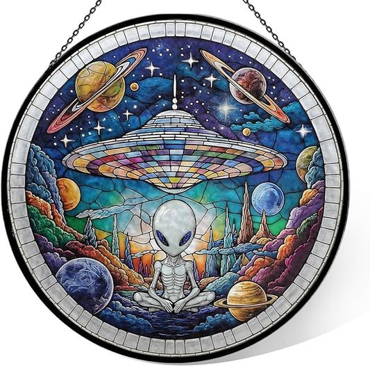 Alien Spaceship Stained Glass Window Hanging, 7.9" UFO Sun Catcher Glass Panel Boho Wall Art Decor, Hand Painted Round Ornament for Friends, Art Lover, Astronomer