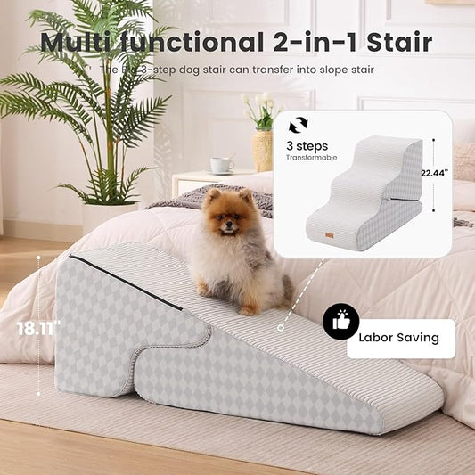 Gardner Pet Dog Stairs for Small Dogs 22.4" H, Large 2 in 1 Transformable 3-Step Pet Stairs and ramp, Dog Steps for High Bed (22-27") with Non-Slip Waterproof Cover CertiPUR-US Certified Foam,Checked