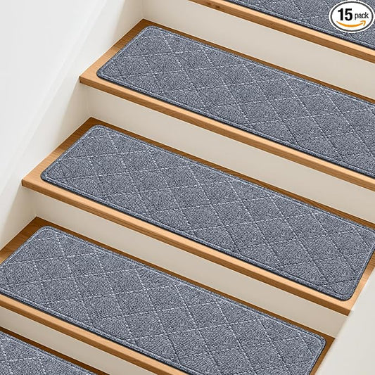 Stair Treads Non-Slip for Wooden Steps, 15Pack - 8" x 30" Edging Stair Runner Indoor for Kids Elders & Pets, Washable Carpet Stair Treads with Peel & Stick Reusable TPE Backing, Grey